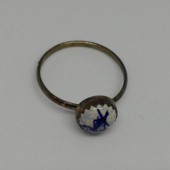 SOLD Dutch Windmill Porcelain Sterling Silver Ring - Picture 2 of 4